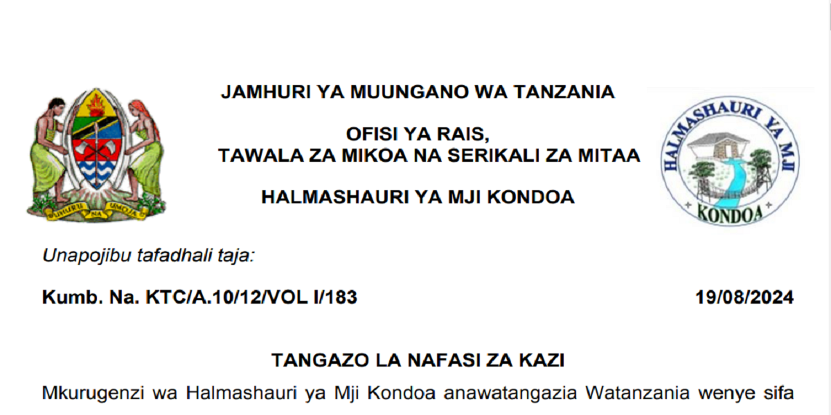 Nafasi Mpya 17 Za Kazi Kutoka Halmashauri ya Mji Kondoa