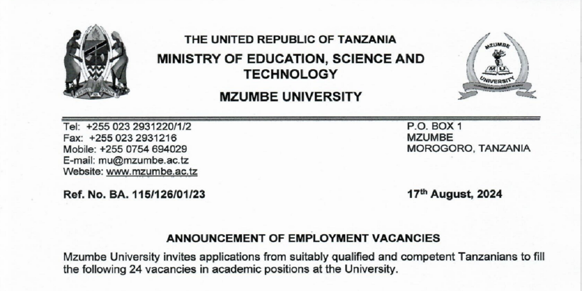Nafasi Mpya Za Kazi Kutoka Chuo Kikuu cha Mzumbe Agosti 2024