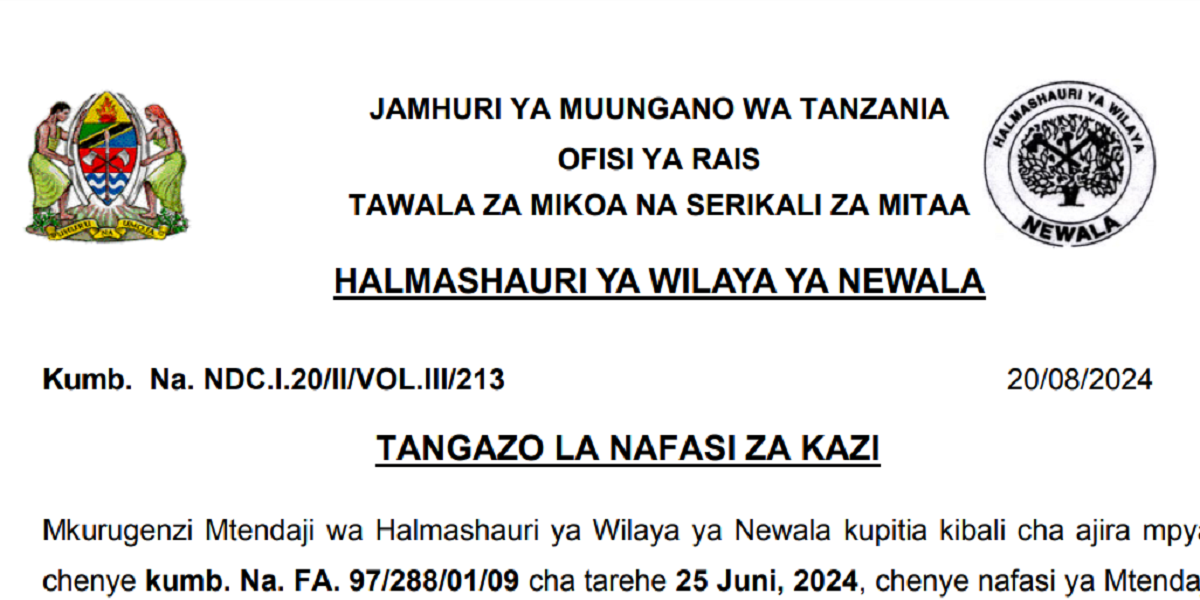 Nafasi Mpya Za Kzi Kutoka Halmashauri ya Wilaya ya Newala Agosti 2024