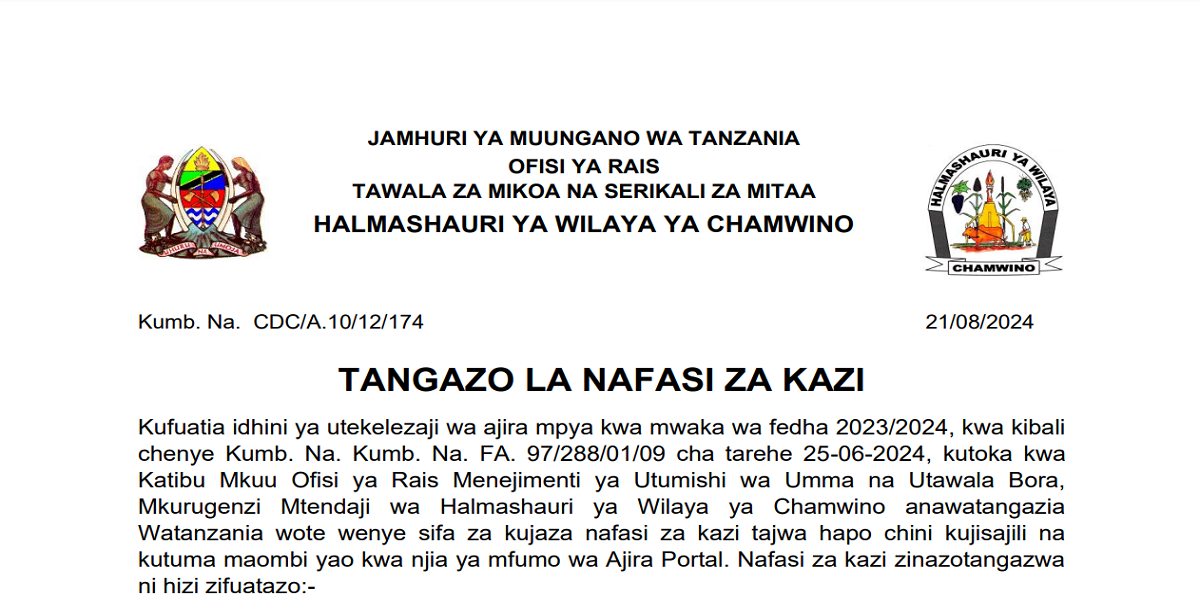Nafasi Mpya 15 Za Kazi Kutoka Halmashauri ya Wilaya ya Chamwino