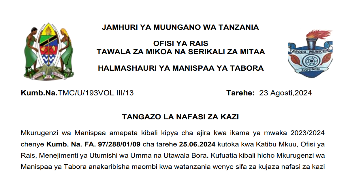 Nafasi Mpya 15 Za Kazi Kutoka Halmashauri ya Manispaa Ya Tabora