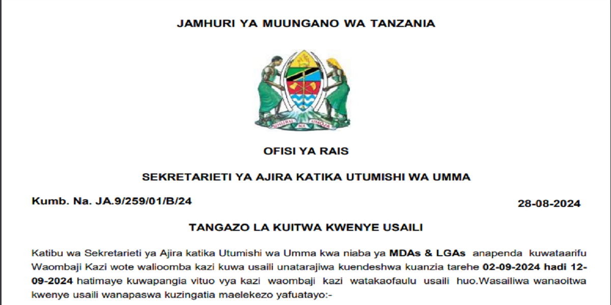 Tangazo La Kuitwa Kwenye Usahili Kada Ya Afya Septemba 2024