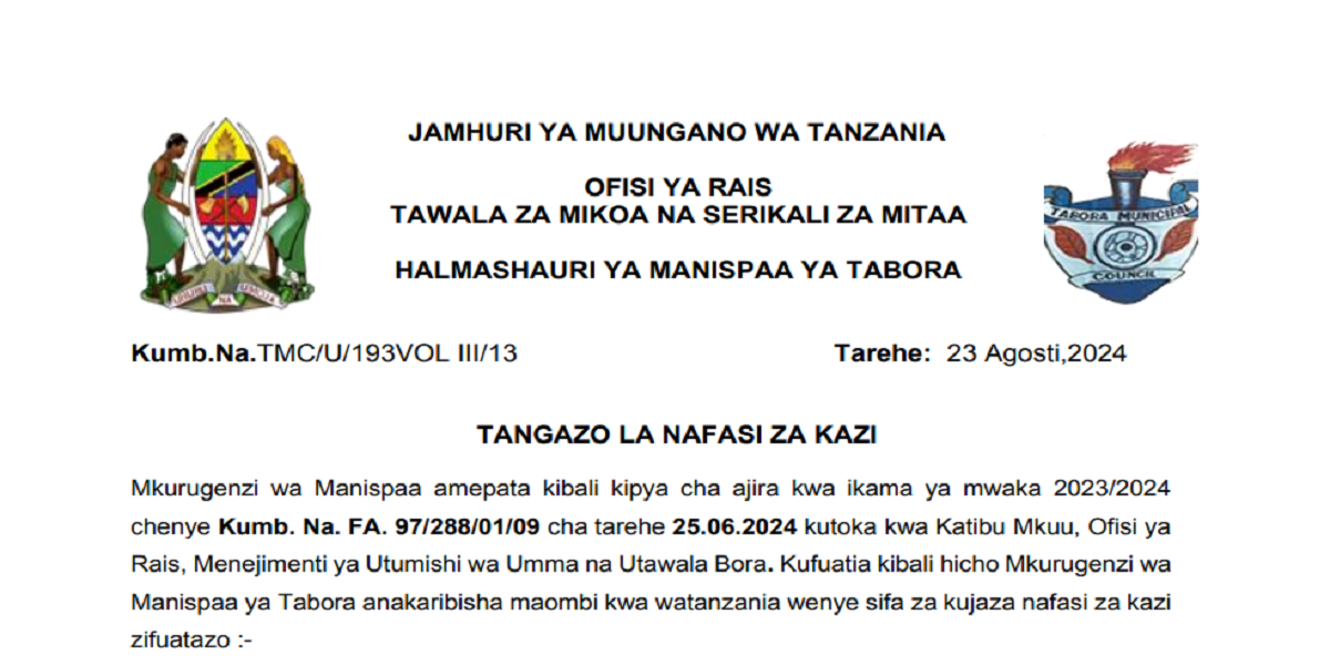 Nafasi Mpya 15 Za Kazi Halimashauri Ya Manispaa Ya Tabora