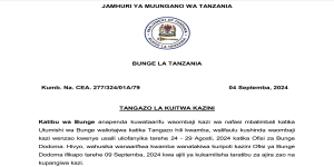 Tangazo la Kuitwa Kazini Bunge la Dododma 4-9-2024