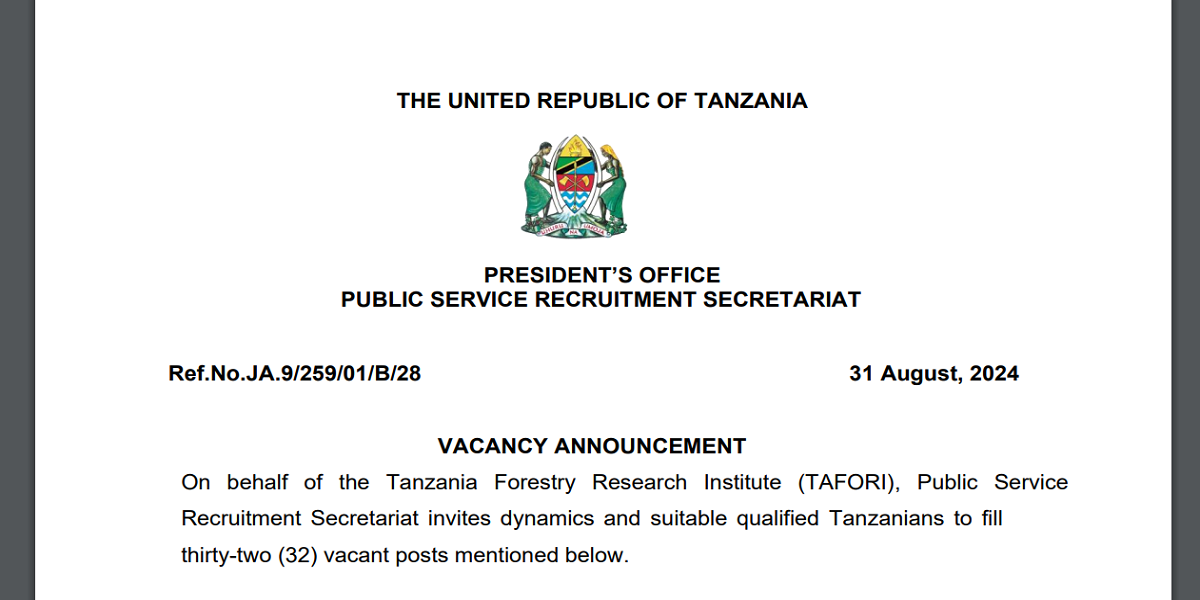 Nafasi Mpya 32 za Kazi Kutoka Taasisi Ya Utafiti Wa Misitu Tanzania Septemba 2024