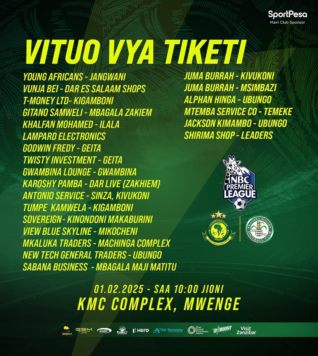 Vituo Vya Kununua Tiketi Mechi ya Yanga Vs Kagera Suger 01/02/2025