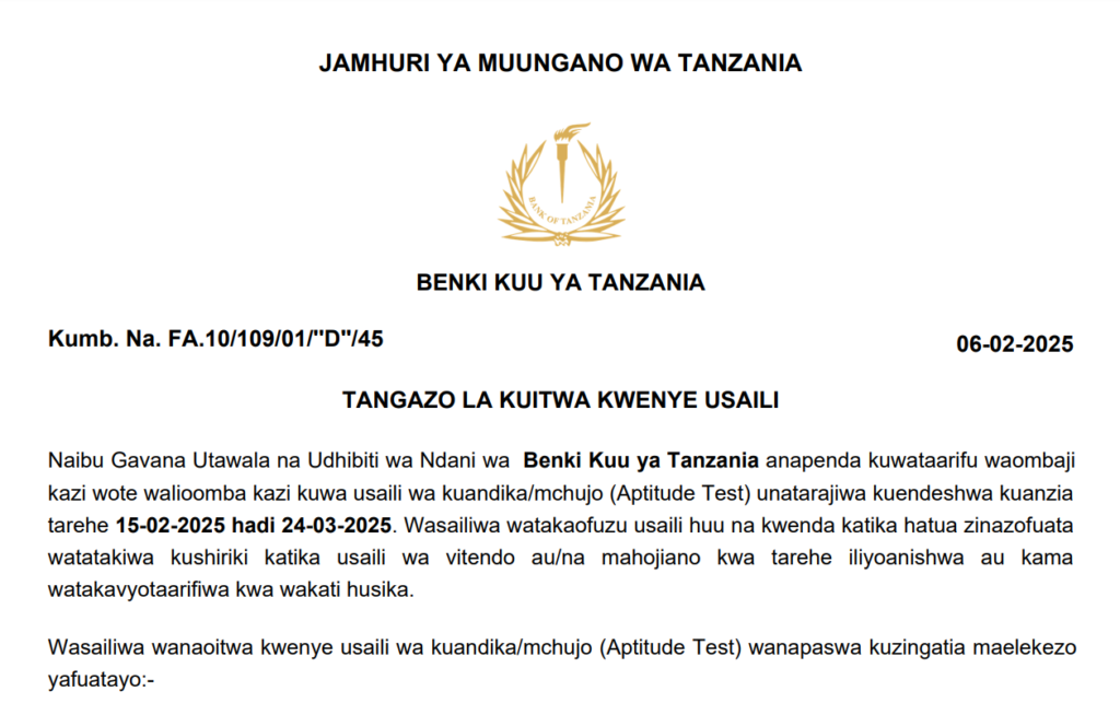 Walioitwa Kazini Banki Kuu ya Tanzania February 2025 Walioitwa Kazini Banki Kuu ya Tanzania February 2025