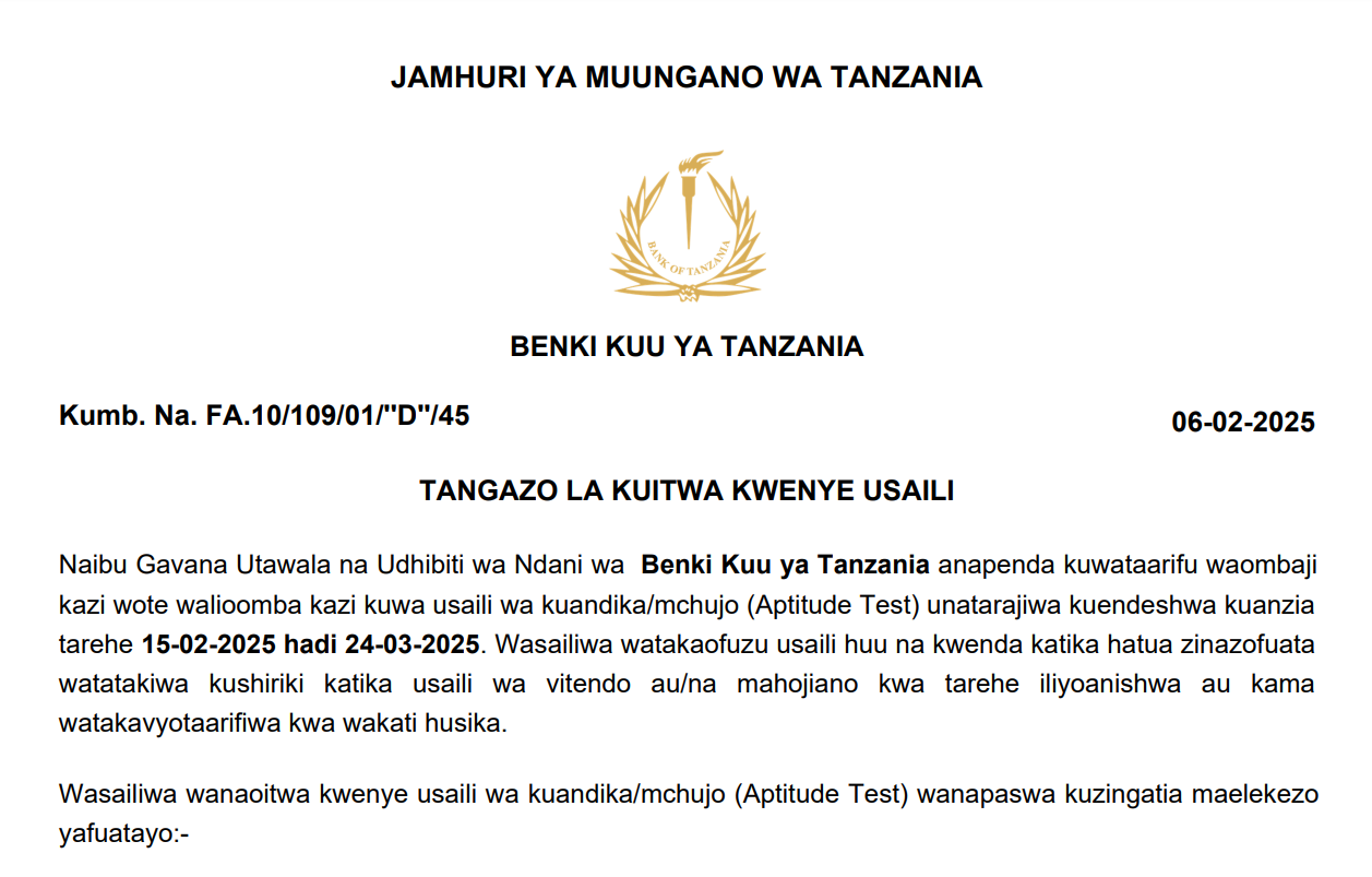 Walioitwa Kazini Banki Kuu ya Tanzania February 2025