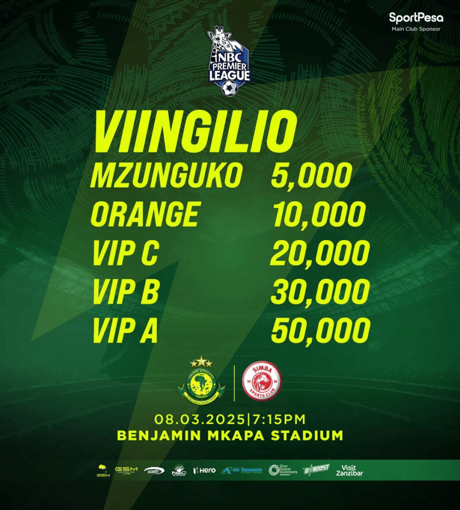 Viingilio Mechi ya Derby Yanga vs Simba 8 Machi 2025 Viingilio Mechi ya Derby Yanga vs Simba 8 Machi 2025