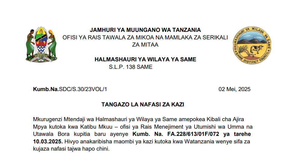 Nafasi za Kazi Kutoka Halmashauri ya Wilaya ya Same Mei 2025