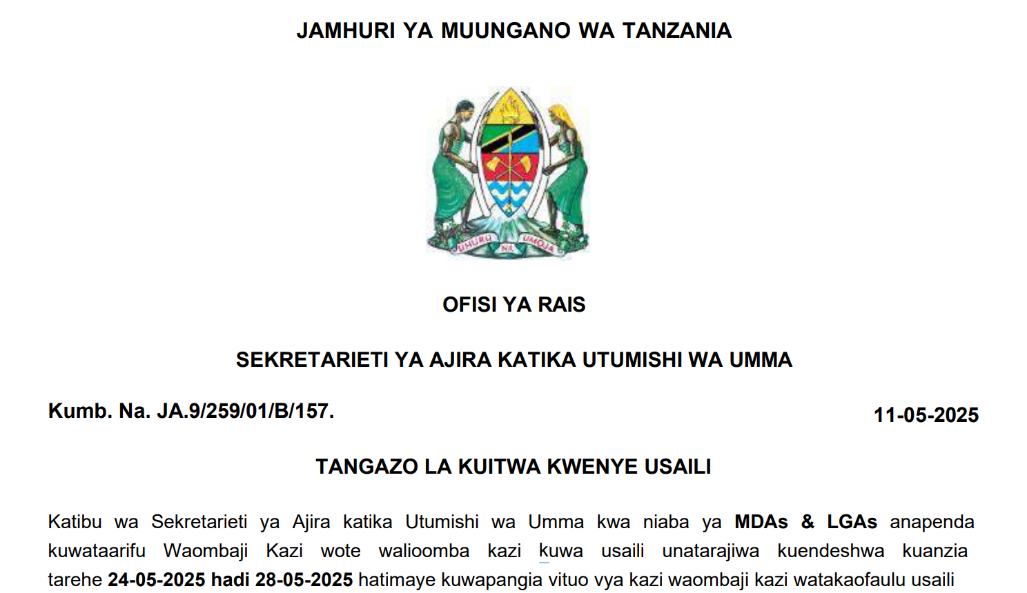 MAJINA Walioitwa Kwenye Usaili MDAs & LGAs May 2025