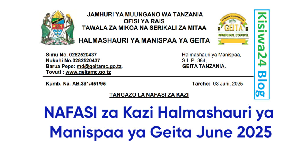 NAFASI za Kazi Halmashauri ya Manispaa ya Geita June 2025 NAFASI za Kazi Halmashauri ya Manispaa ya Geita June 2025