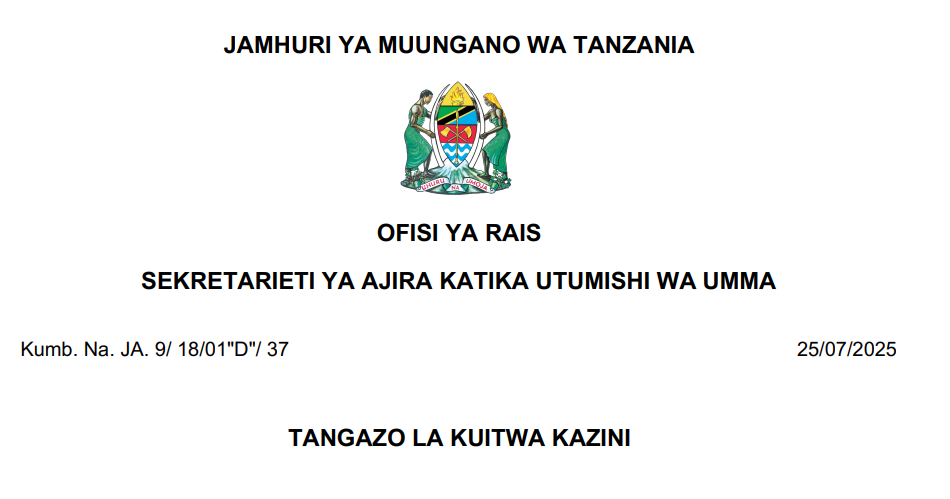 MAJINA ya Walioitwa Kazini Taasisi Mbalimbali za Umma July 2025