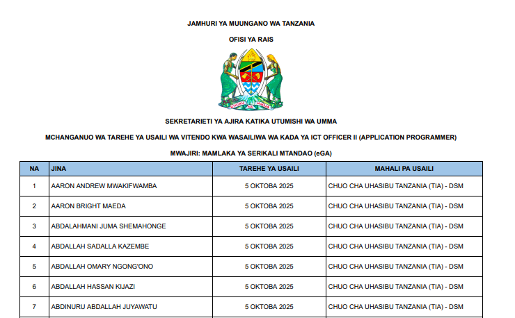 MCHANGANUO Wa Tarehe Za Usaili Wa Vitendo Kada Ya Dereva Daraja La II Na Ict Officer Ii (Application Programmer)