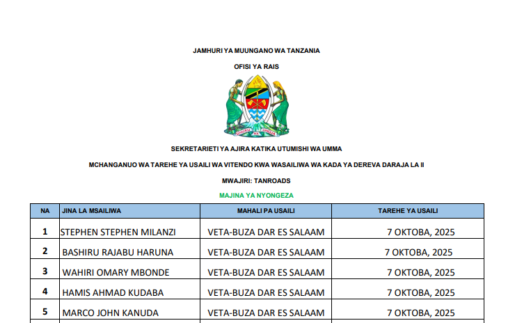 MCHANGANUO Wa Tarehe Ya Usaili Wa Vitendo Kada Ya Dereva Daraja La II Majina Ya Nyongeza