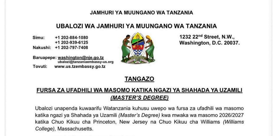 Fursa Za Ufadhili wa Masomo Ngazi ya Shahada ya Uzamili Ubalozi wa Tanzania nchini Marekani 2026/2027 Fursa Za Ufadhili wa Masomo Ngazi ya Shahada ya Uzamili Ubalozi wa Tanzania nchini Marekani 2026/2027
