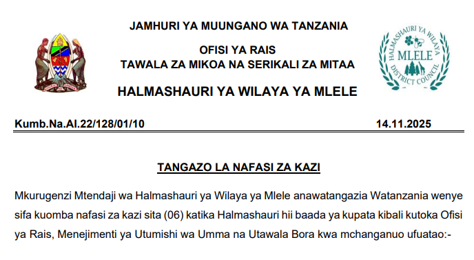 Nafasi za Kazi Halmashauri ya Wilaya ya Mlele Nafasi za Kazi Halmashauri ya Wilaya ya Mlele