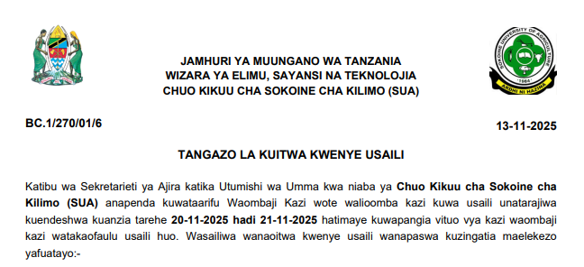 Walioitwa Kwenye Usaili Chuo Kikuu cha Sokoine cha Kilimo (SUA) November 2025 Walioitwa Kwenye Usaili Chuo Kikuu cha Sokoine cha Kilimo (SUA) November 2025