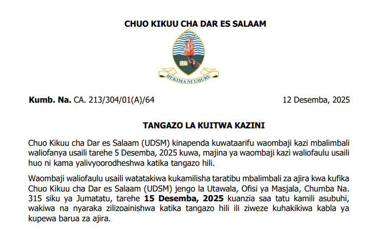 MAJINA Walioitwa Kazini Chuo Kikuu Cha UDSM MAJINA Walioitwa Kazini Chuo Kikuu Cha UDSM