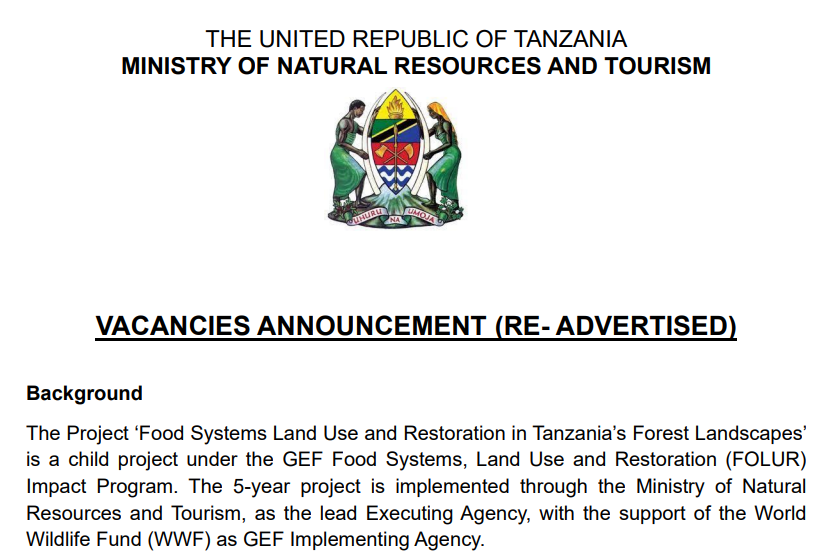 NAFASI za Kazi Za Mkataba Wizara Ya Maliasili Na Utalii NAFASI za Kazi Za Mkataba Wizara Ya Maliasili Na Utalii